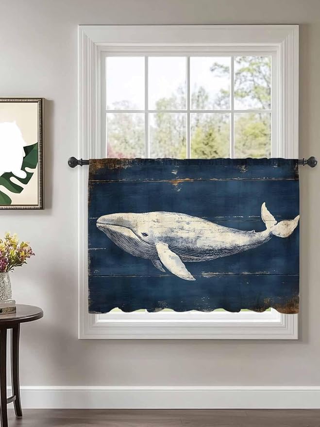 Sheer Curtains 45 Inch Length, Ocean Vintage Whale Semi Sheer Curtains Light - Image 2