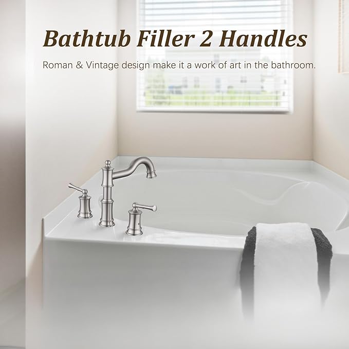 Roman Tub Faucet Classic Widespread Deck Mount Bathtub Faucet 3 Holes Brass High Flow Tub Filler, Rough in Valve Included, Brushed Nickel