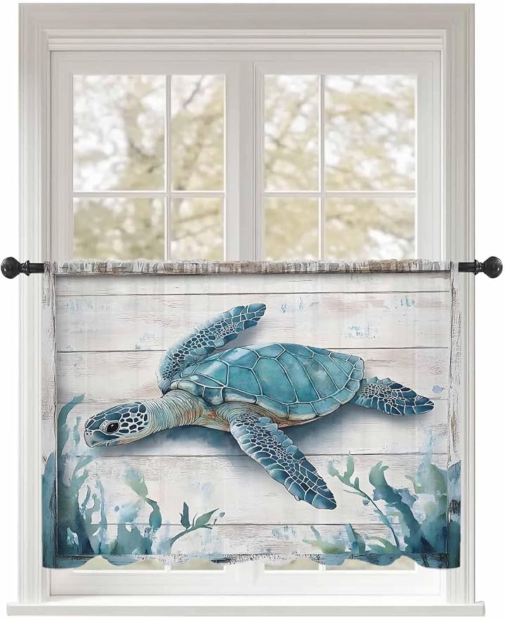 Sheer Curtains 54 Inch Length, Teal Green Sea Turtle Semi Sheer Curtains Light by Unknown
