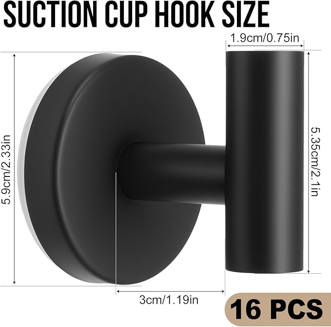 Suction Cup Hook for Shower, 16 Pack Wall Mount Towel Holder, Removable Towel Hook - Stainless Steel No Drill Hook for Bathroom Window Glass Door Wall Home Kitchen Matte Black