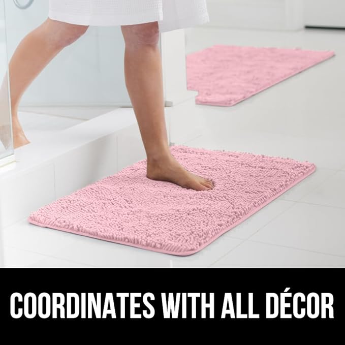 GORILLA GRIP Bath Rug Mat, Soft Absorbent Chenille, Quick Dry Microfiber Mats, Rubber Backing Washable Shower Floor Rugs, Bathmat Runner, US Designed Bathroom Home Decor Accessories 24x17 Light Pink
