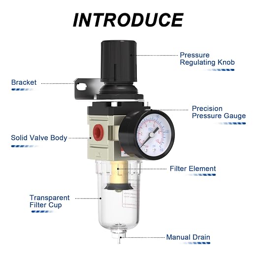 AIRZOE 1/4"NPT Air Filter Regulator Combo Piggyback, 5 Micron Brass Element - Image 3