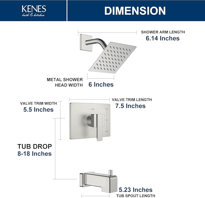 KENES Tub Shower Faucet Set Complete, Brushed Nickel Tub and Shower Trim Kit with 6-Inch Rain Shower Head, Square Shower System, KE-6025A (Shower Valve Included)