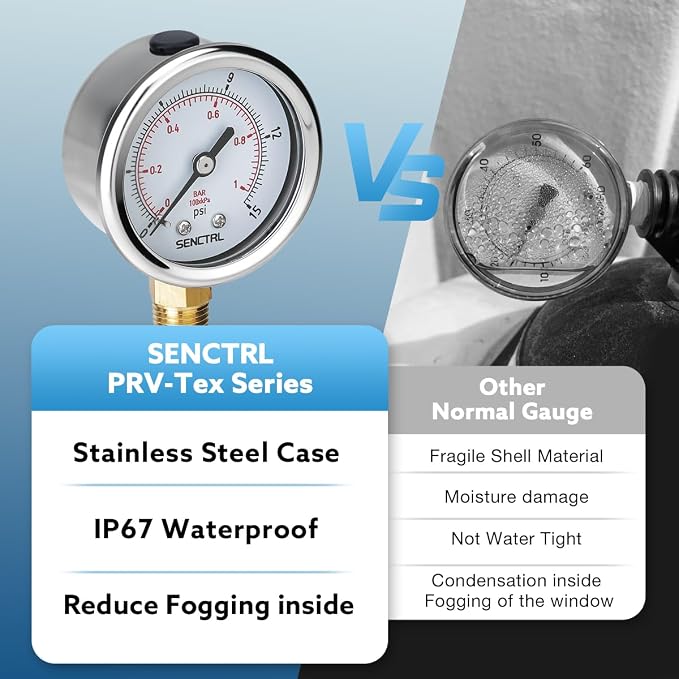 SENCTRL 0-15 Psi Low Pressure Gauge, 1/4 Npt Lower Mount, Waterproof, Stainless - Image 3