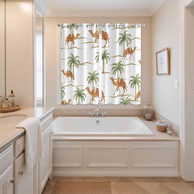 2 Panel Kitchen Cafe Curtains, Desert Camels Sunlight Filtering Nature Air - Image 3