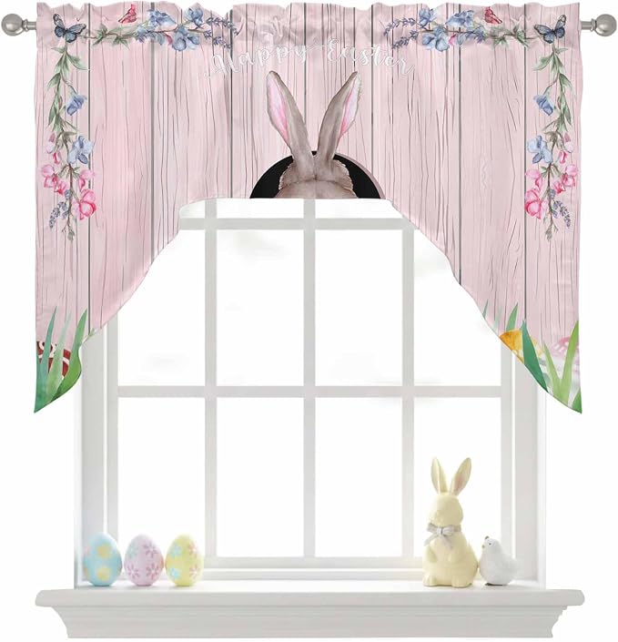 Swag Valance Curtains, Easter Cute Rabbit and Colorful Eggs Rod Pocket Valances - Image 9