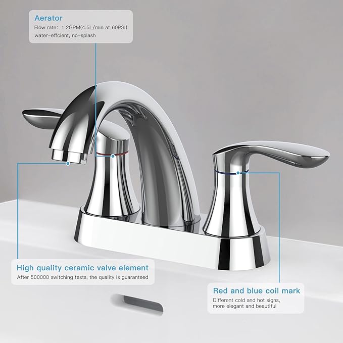 Bathroom Faucet, 4 Inch Bathroom Faucets for Sink 3 Hole, Centerset Bathroom Sink Faucet with Pop Up Drain and cUPC Lead-Free Hose(Chrome)