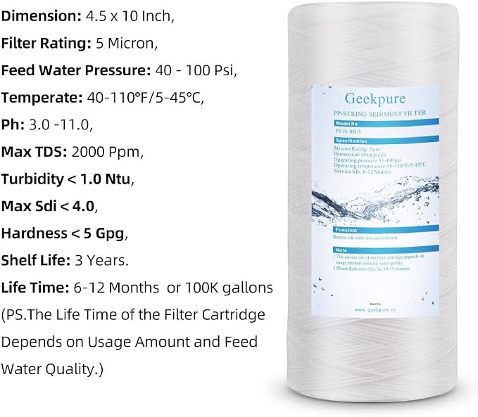 Geekpure 10 Inch String Wound PP Sediment Replacement Filter Cartridge - Image 4
