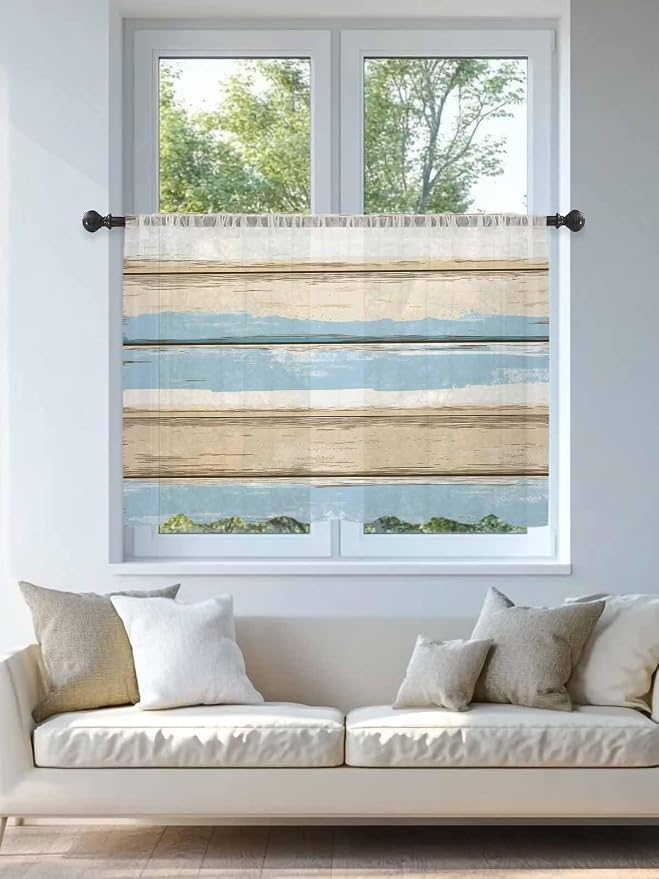 Sheer Curtains 45 Inch Length, Vintage Geometric Blue Semi Sheer Curtains Light - Image 4
