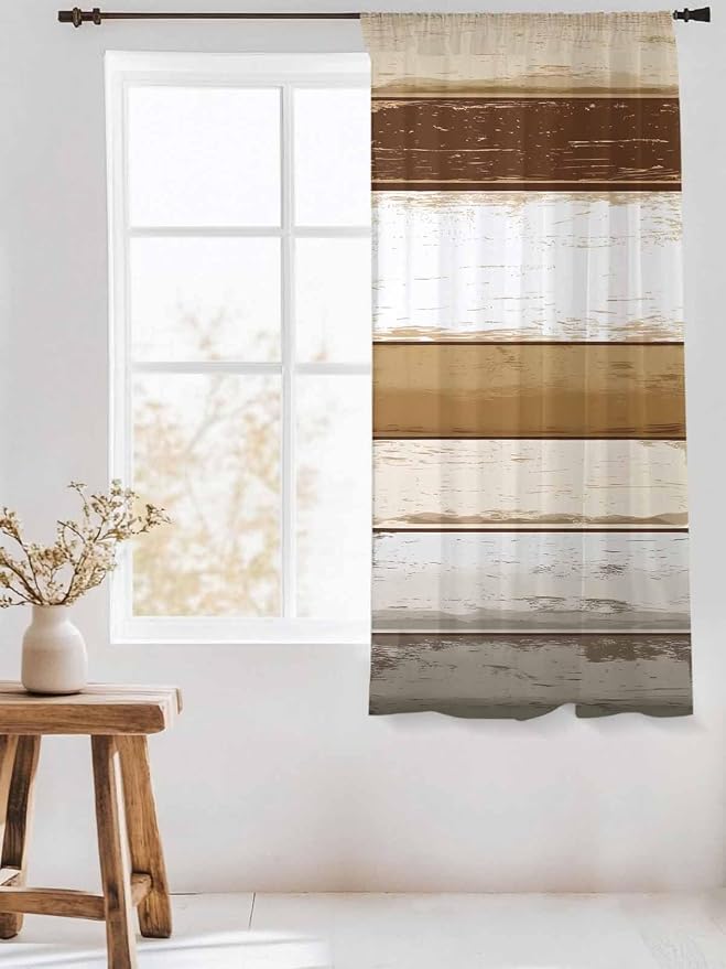Sheer Curtains 72 Inches Long, Vintage Country Geometric Striped Privacy Voile - Image 3