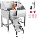 38" Dog Washing Station Large Dogs Grooming Tub Professional Stainless Steel Dog Bathtubs Bathing Tub Pet Washing Station for Home with Steps,L-Door