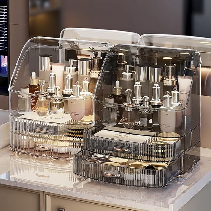 Makeup Organizer Countertop Vanity with Transparent Lid Drawers Waterproof Dustproof Cosmetic Skincare Bathroom Storage Gift for Women Teens Girls (Clear Black)
