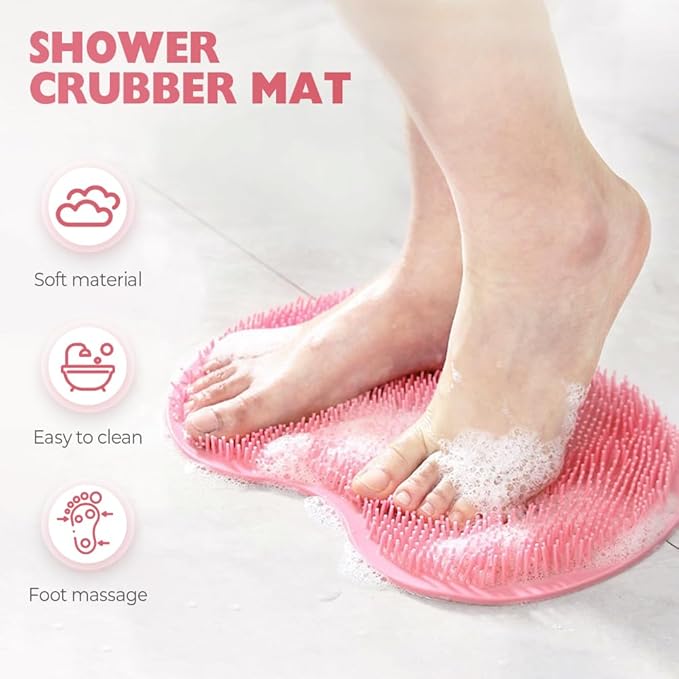 Silicone Shower Foot Scrubber Mat, 2025 Upgraded Exfoliating Bath Pad with Non-Slip Suction Cups Wall Mounted Foot Cleaning Mat (Pink)
