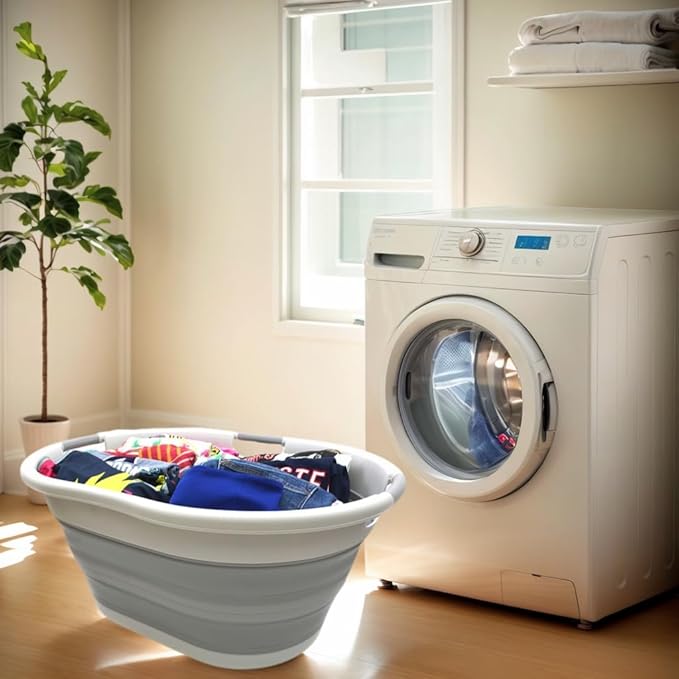 SAMMART 57L (15 Gallons) Collapsible 3-Handled Plastic Laundry Basket - Oval Tub - Portable Washing Tub-Space Saving Laundry Hamper, Water Capacity 44L / 11.6 Gallon (1, Grey)
