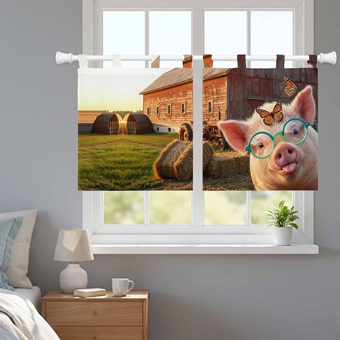 Farm Pig Kitchen Curtains 36 Inch Length, Small Window Curtains Tab Top - Image 9