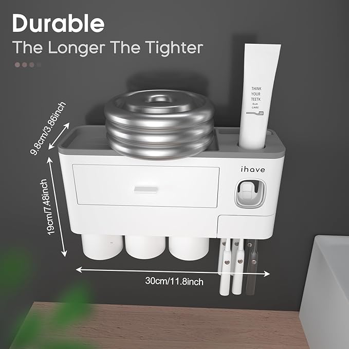 iHave Toothbrush Holders for Bathrooms, 3 Cups Toothbrush Holder Wall Mounted with Toothpaste Dispenser - Large Capacity Tray, Cosmetic Drawer - Bathroom Accessories & Bathroom Organization Storage