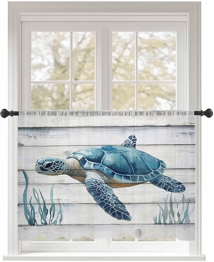 Sheer Curtains 54 Inch Length, Sea Turtle Blue Semi Sheer Curtains Light by Unknown