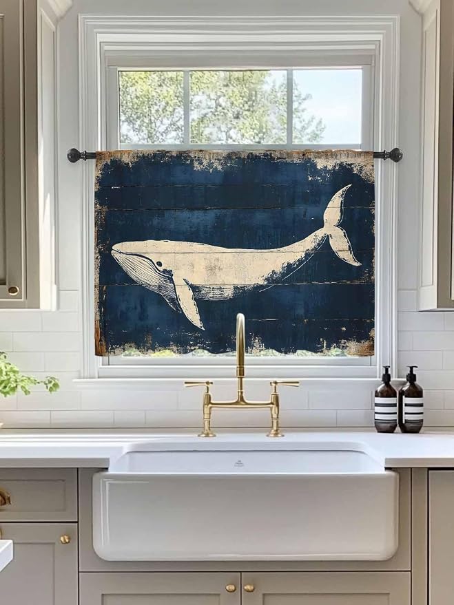 Sheer Curtains 54 Inch Length, Ocean Whale Blue Semi Sheer Curtains Light - Image 3