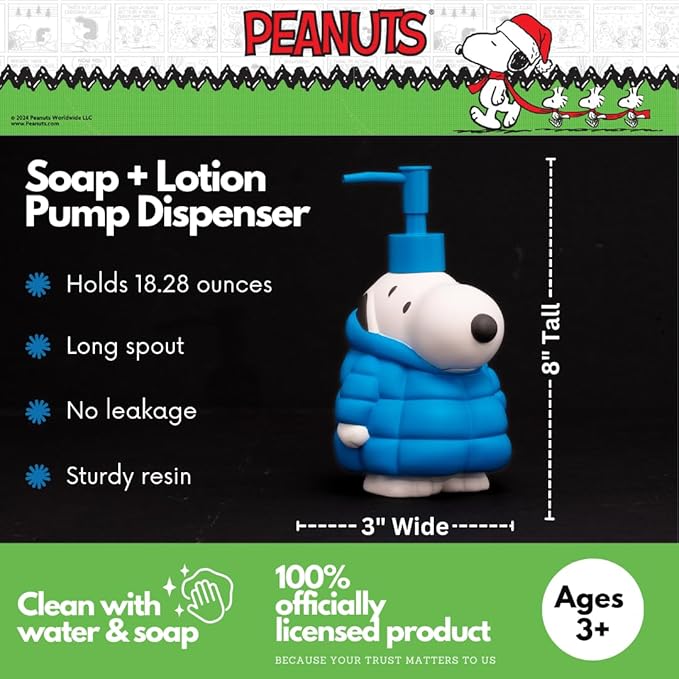 Peanuts Snoopy Puffer Coat Holiday Christmas Soap/Lotion/Hand Sanitizer Resin Pump Dispenser, 17.24 Ounces, (Officially Licensed Product) by Franco Collectibles