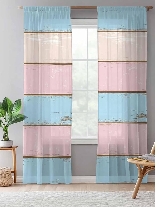 Sheer Curtains 108 Inches Long, Farmhouse Country Shabby Striped Privacy Voile - Image 5
