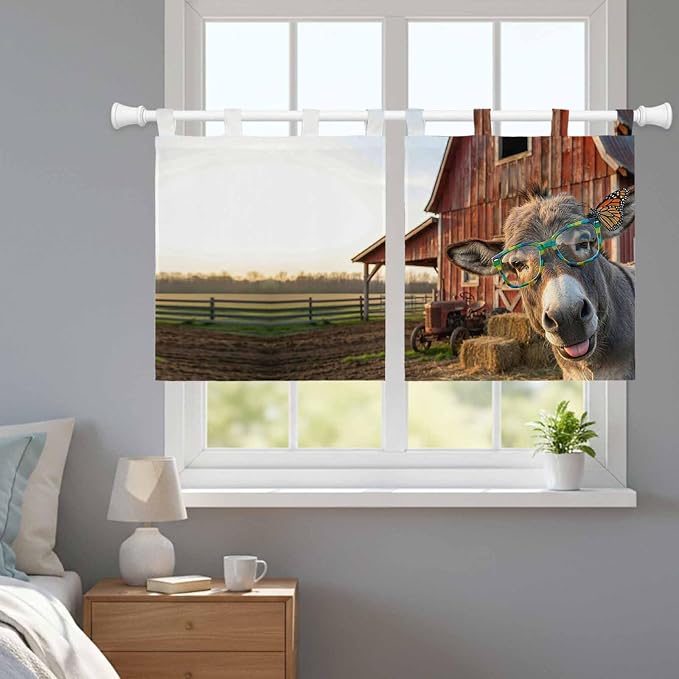 Farm Donkeys Kitchen Curtains 36 Inch Length, Small Window Curtains Tab Top - Image 9