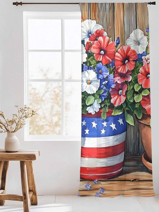 Sheer Curtains 108 Inches Long, Retro Independence Day Flag Wood Grain Privacy - Image 3
