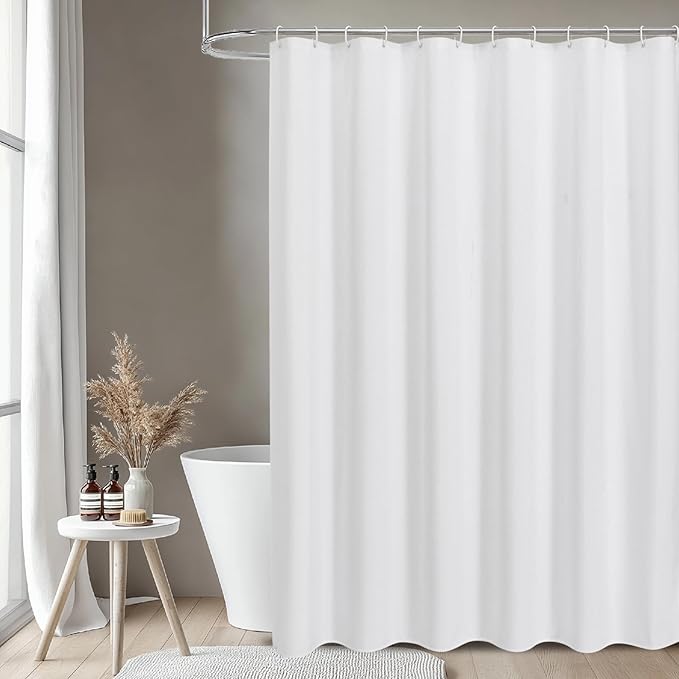 2-in-1 Waterproof Long Fabric Shower Curtain or Liner,Linen Textured,78 Inch Breathable TPU & Washable Bathroom Shower Curtain Set with 12 Plastic Hooks,Modern,72"x78",White