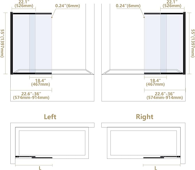 Bathtub Sliding Double Swing Door, Frameless Tempered Glass Shower Doors 22-36 * 55” Bathroom Screen Panel, Clear Deluxe Shower Door Matte Black