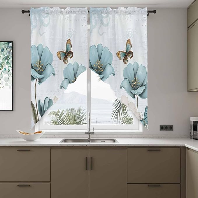 Blue Tulips Swag Valances for Windows, Watercolor Flowers Butterfly Spring - Image 8