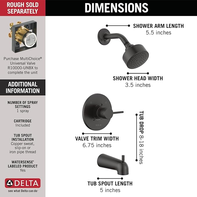 Delta Faucet Modern 14 Series Matte Black Shower Faucet, Tub and Shower Trim Kit with Single-Spray Touch-Clean Black Shower Head, Matte Black T14459-BL-PP (Valve Not Included)
