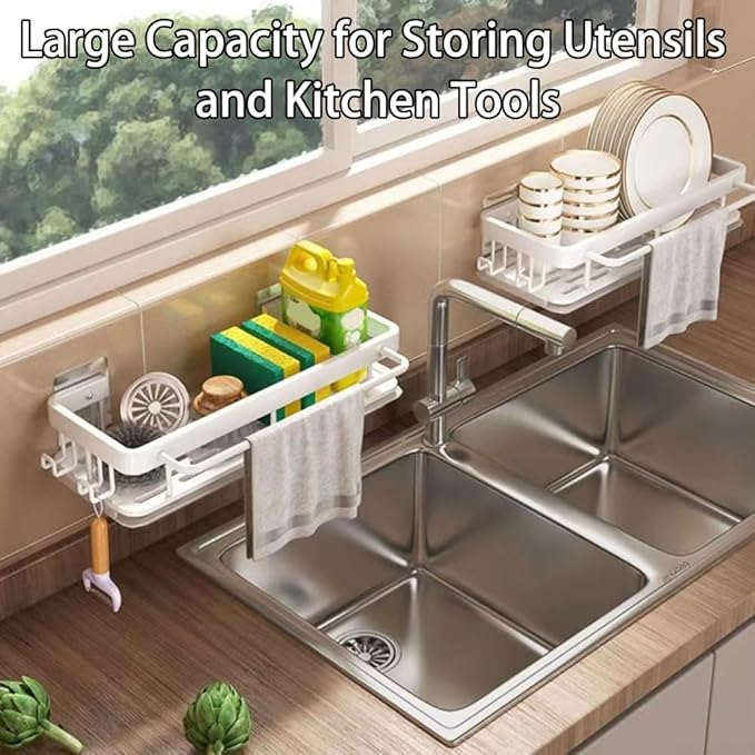 Sponge Holder Kitchen Sink Caddy Organizer Wall Mount Sponge Holder with Drainer Shampoo Soap Storage Shelf Toilet Balcony Bathroom Dishwashers Wire Rags Sponge Sink Drain (Black)
