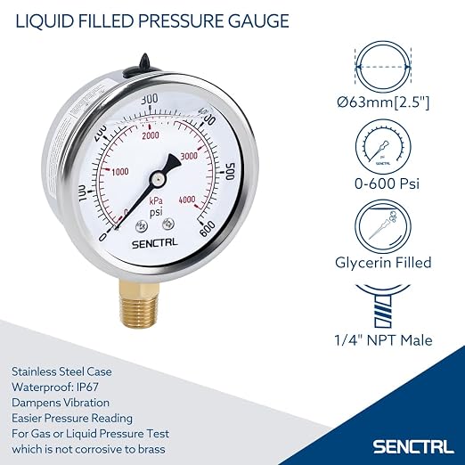 SENCTRL 0-600 Psi Glycerin Liquid Filled Pressure Gauge, 2.5" Dial Size - Image 2