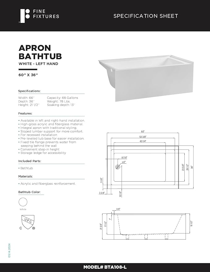 Fine Fixtures Acrylic, Fiberglass Alcove Soaking Bathtub with Integral Apron Front in Glossy White - Left Hand Drain, 60" x 36"