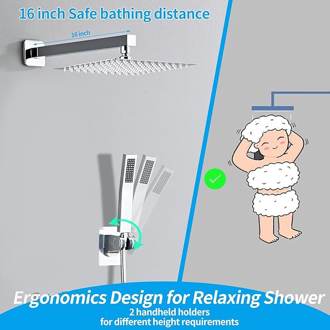 8 Inch Polished Chrome Shower Faucet Set with Rain Shower Head and Handheld Spray, Wall Mounted Rainfall Shower Head with Handheld Combo, Bathroom luxury Shower System with Valve and Trim