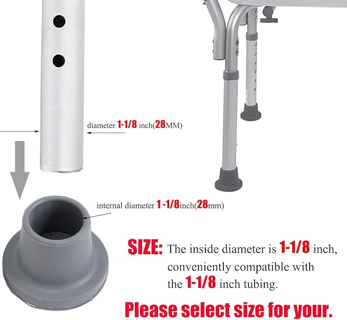Replacement Feet for Shower Chair Bath Seat, Shower stools and Transfer Bench, Non-Skid Shower Bench and Tub Transfer Benches Rubber Suction Cup Feet, Metal Insert Reinforced (1-1/8" I.D, Grey)