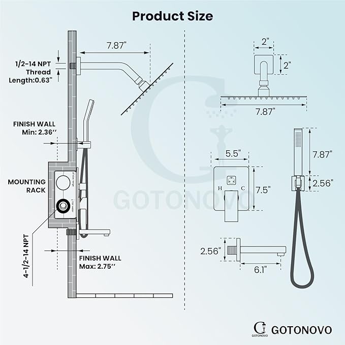 gotonovo Shower System with Tub Spout Wall Mounted Rain Shower Head and Handle Combo Shower Faucet Set with Valve, 8 Inch, Matte Black