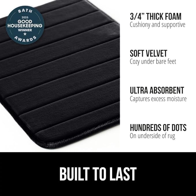 GORILLA GRIP Memory Foam Bath Mat, Soft Absorbent US Designed Bathroom Rug, Gripping Dots Machine Washable Bathmat, Cushioned Floor Mats, Shower Sink Rugs Room Décor Accessories, 24x17 Black