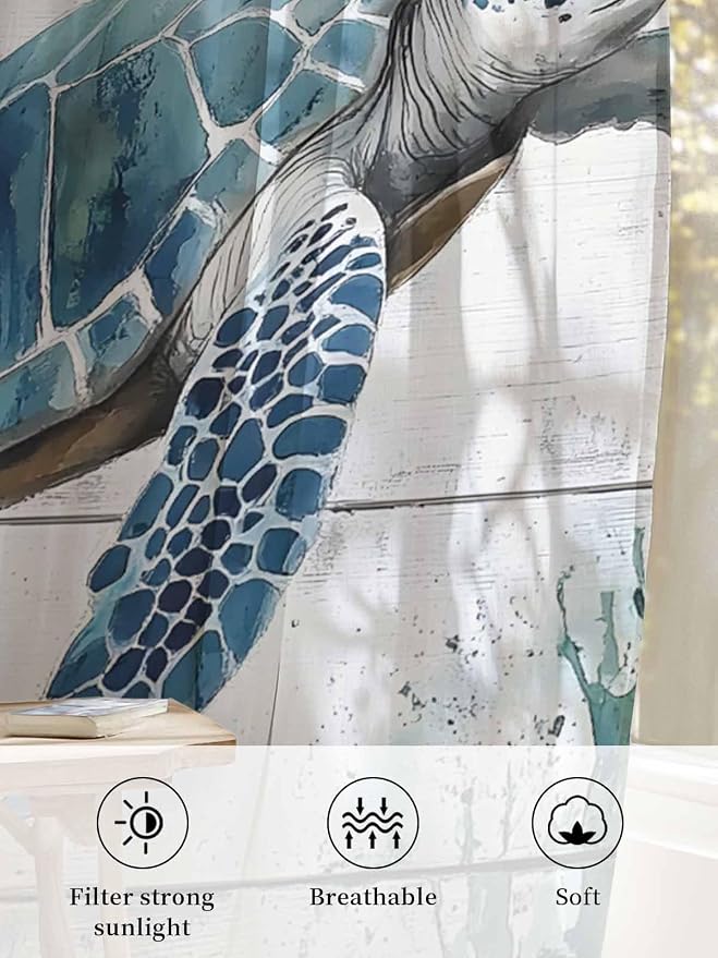 Sheer Curtains 54 Inch Length, Teal Green Sea Turtle Semi Sheer Curtains Light - Image 6