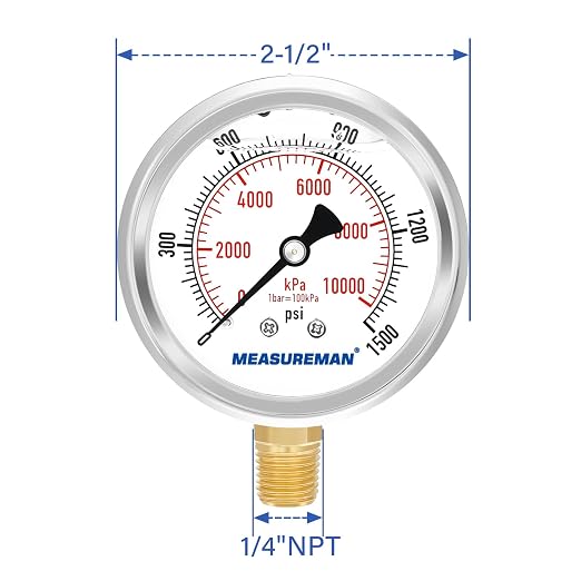 MEASUREMAN 2-1/2" Dial Size, Glycerin Filled Pressure Gauge, 0-1500psi/kpa - Image 7