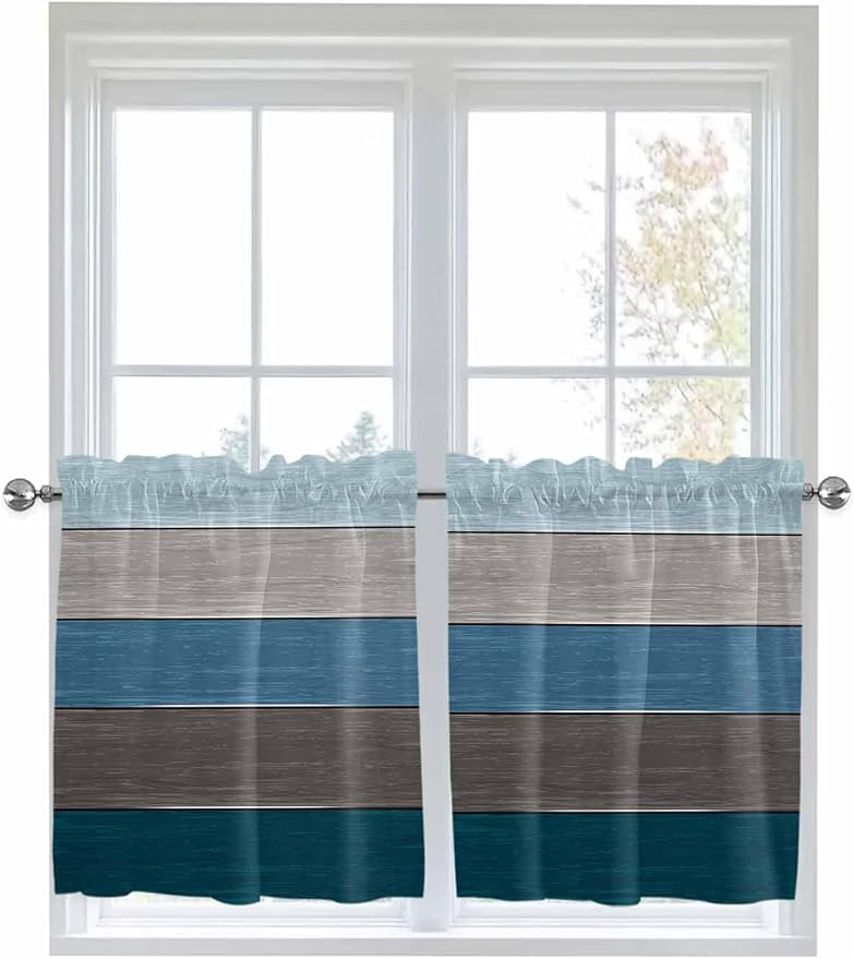 Retro Farm Blue Gray Wood Grain Window Valance Curtains, Rustic Wooden Plank - Image 6