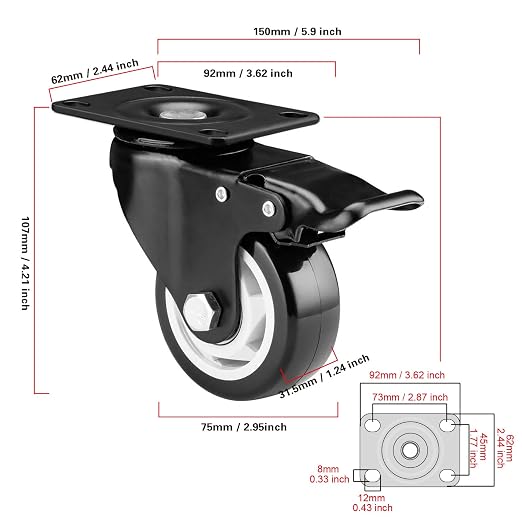 3" Swivel Casters Set of 8, Heavy Duty Locking Casters - Image 3