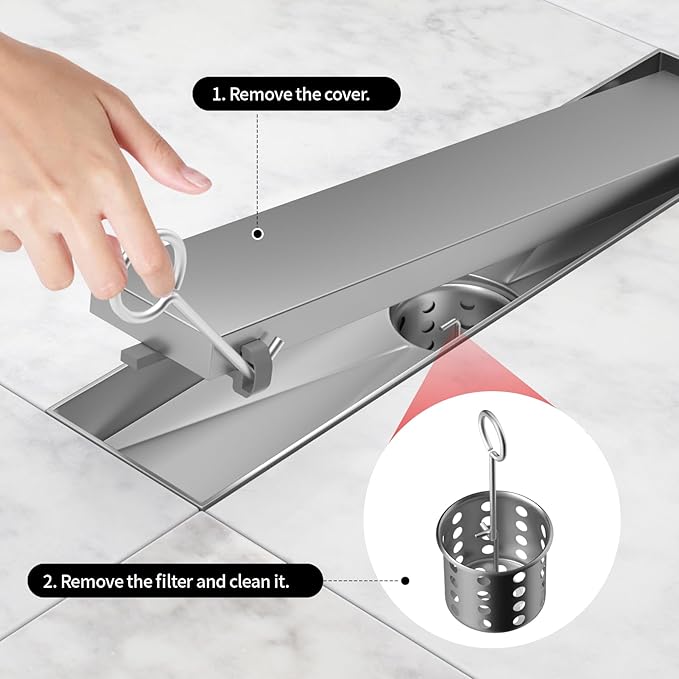 Linear Shower Drain, 304 Stainless Steel with Adjustable Leveling Feet, Hair Strainer,Reversely Install Place to Create an Invisible Floor Drain - Silver -18-Inch