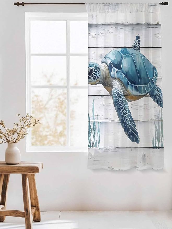 Sheer Curtains 63 Inch Length, Sea Turtle Blue Semi Sheer Curtains Light - Image 3