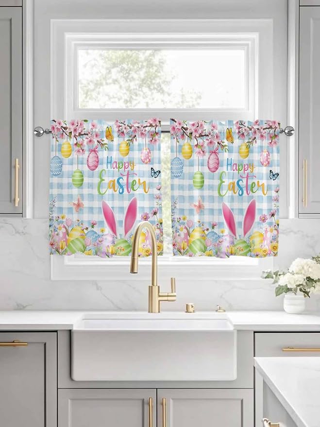 Happy Easter Half Window Curtain 36 Inches Long, Spring Watercolor Bunny Eggs - Image 3