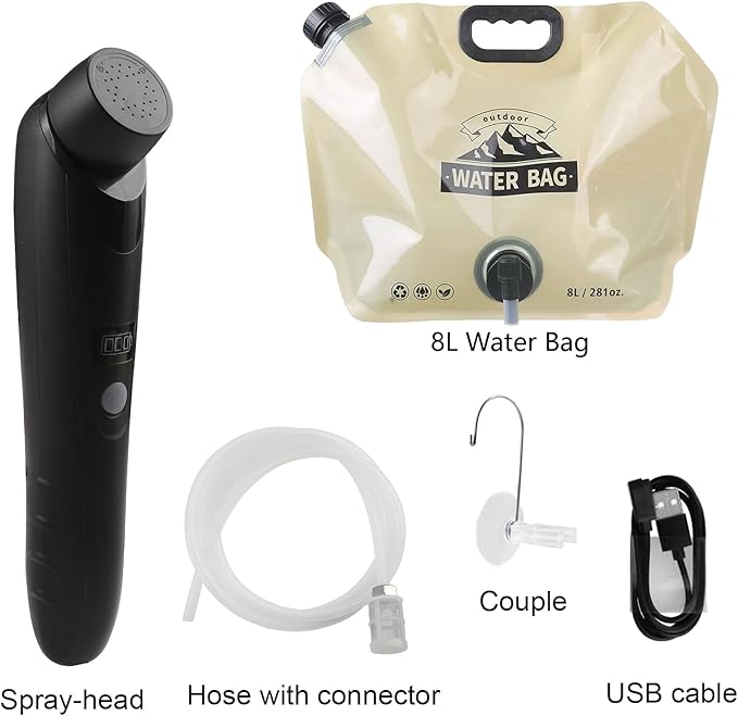 Portable Outdoor Shower, Handheld Electric Shower+8L Water Bag, IPX6 Waterproof, USB Charging, Compact and Lightweight, Suitable for Outdoor Camping, Beach Shower, Hiking, pet Bathroom