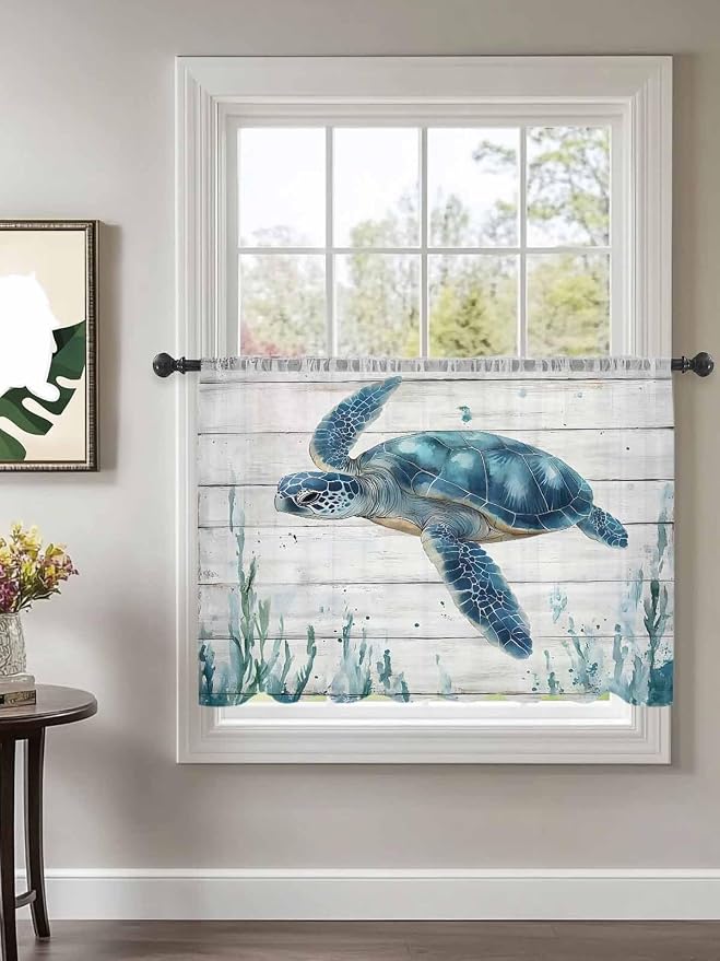 Sheer Curtains 45 Inch Length, Teal Green Ocean Turtle Semi Sheer Curtains - Image 2