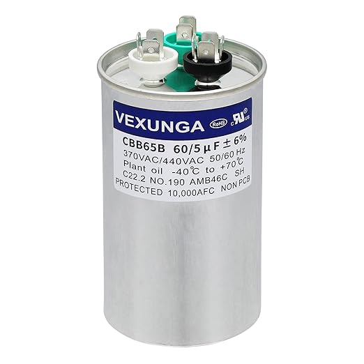 VEXUNGA 60/5 uF 60+5 MFD 370VAC or 440VAC Dual Run Start Round A/C Capacitor by VEXUNGA