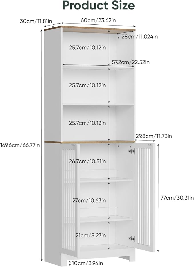 66.8" Tall Storage Cabinet with 2 Louvered Doors and 3 Open Shelves, Bathroom Storage Unit, Adjustable Shelves, Floor Cabinet for Bathroom, Office, Kitchen, White