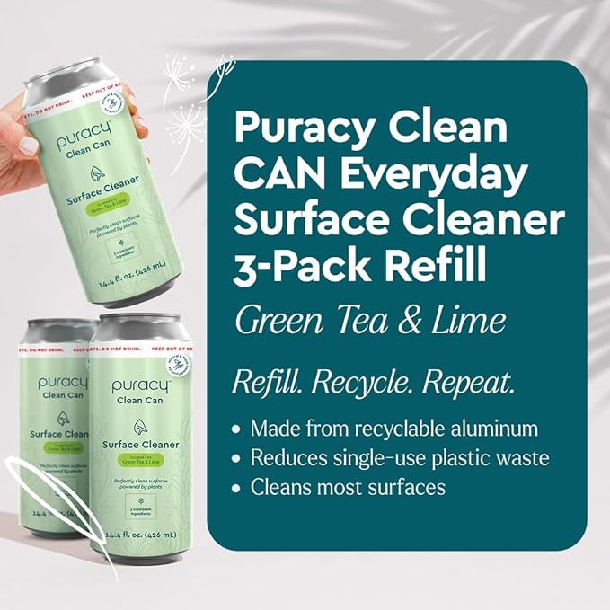 Puracy Multi-Surface Cleaner Clean Can - Plant-Powered Everyday Surface Cleaner - Natural All Purpose Cleaning Solution As Seen on TikTok (Green Tea & Lime, 3 Pack Refill)
