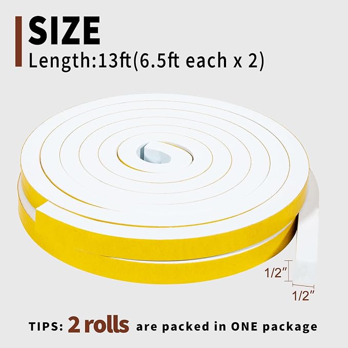 Yotache White Foam Insulation Tape 1/2" x1/2", Rubber Weather Stripping Seal - Image 4